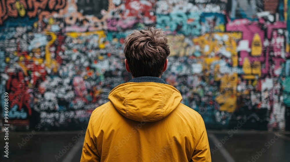 The photo features a person wearing a yellow jacket, standing with their back towards the camera, facing a densely covered graffiti wall full of intricate and colorful designs. The photo features a person wearing a yellow jacket, standing with their back towards the camera, facing a densely covered graffiti wall full of intricate and colorful designs.