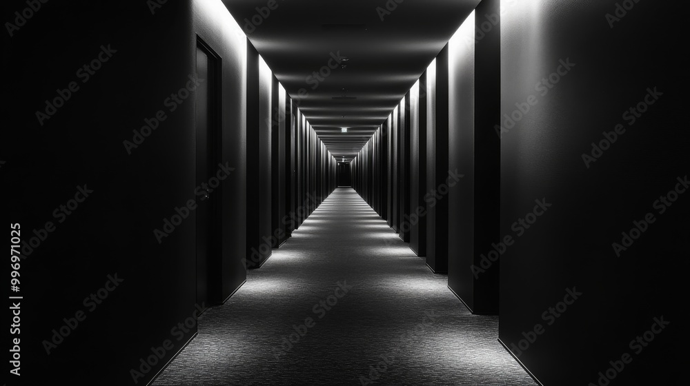 A long, black hallway with no light coming in. A long, black hallway with no light coming in.