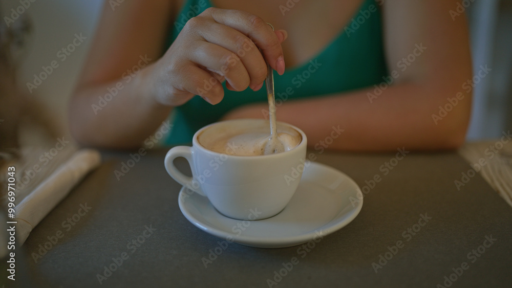 A young hispanic woman enjoys a coffee indoors at a cafeteria in italy, stirring her drink with a spoon. A young hispanic woman enjoys a coffee indoors at a cafeteria in italy, stirring her drink with a spoon.