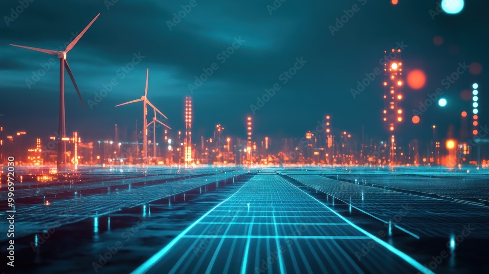 Fototapeta premium A futuristic landscape featuring wind turbines and solar panels in an urban setting.
