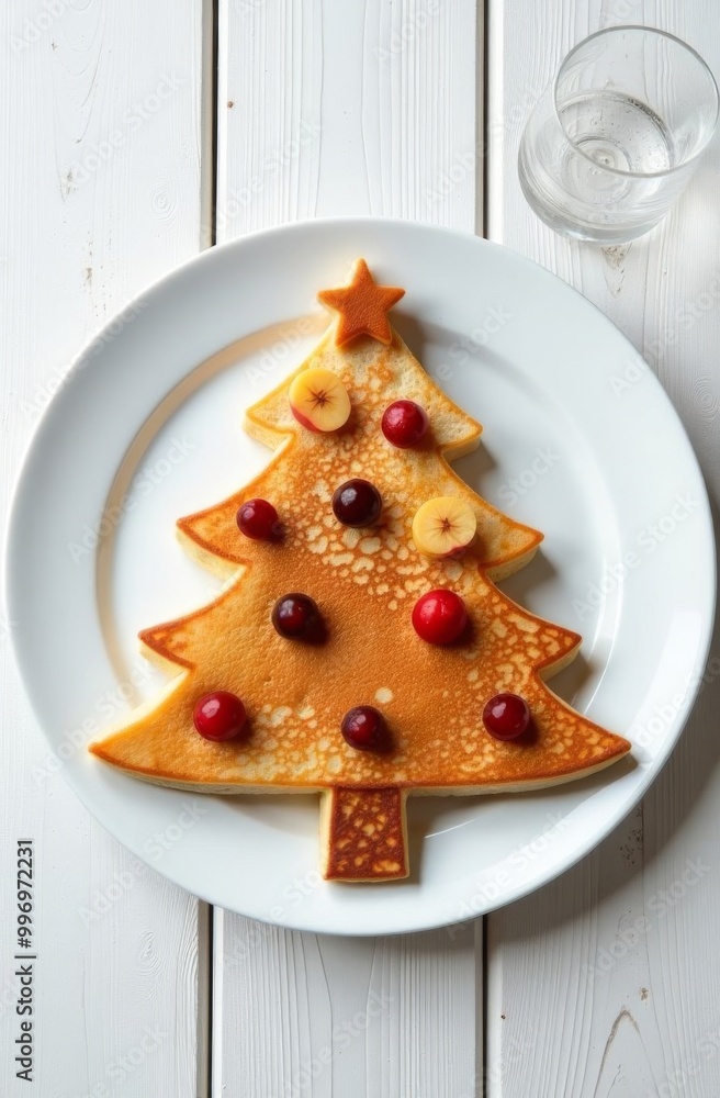A Christmas tree of pancakes lies on a white plate. A Christmas tree of pancakes lies on a white plate.