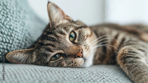 A tabby cat rests comfortably on a knitted blanket, looking towards the camera with relaxed and sleepy eyes, embodying tranquility and coziness. Ideal for home centric themes. photo