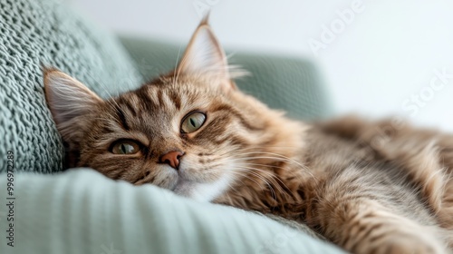 A lush-furred tabby cat lounges on a cushioned couch, looking thoughtfully into the distance with relaxed eyes. The image evokes a sense of luxury and comfort in a domestic setting.