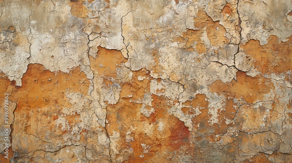 Close-up of a weathered, peeling wall with cracked, flaky paint in shades of orange and beige. The distressed surface highlights textures of decay and aging. AI generative. Close-up of a weathered, peeling wall with cracked, flaky paint in shades of orange and beige. The distressed surface highlights textures of decay and aging. AI generative.