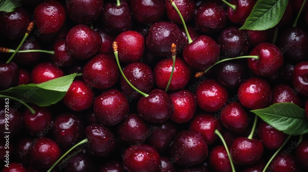 A heap of ripe, juicy cherries complemented by fresh leaves, illustrating the rich red color and freshness, perfect for food, nature, and healthy eating visuals. A heap of ripe, juicy cherries complemented by fresh leaves, illustrating the rich red color and freshness, perfect for food, nature, and healthy eating visuals.