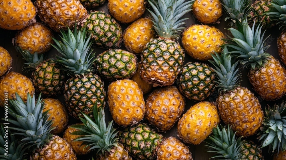 This image shows a vibrant collection of ripe pineapples from a top view perspective, showcasing their golden-yellow color and green spiky leaves in an appealing arrangement. This image shows a vibrant collection of ripe pineapples from a top view perspective, showcasing their golden-yellow color and green spiky leaves in an appealing arrangement.