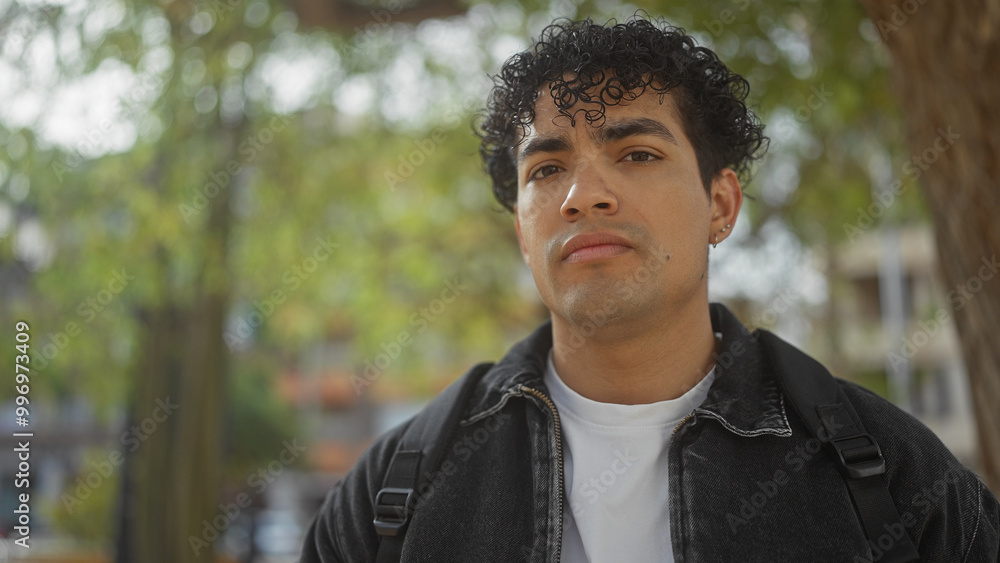 A young hispanic man in casual attire standing confidently outdoors in an urban park setting A young hispanic man in casual attire standing confidently outdoors in an urban park setting