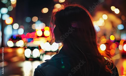 Woman looking at traffic flow at night. Fine tune video motion intensity for impactful effects in your footage to enhance visual dynamism photo