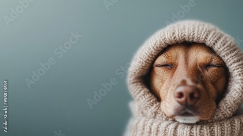 A snug-looking dog is pictured wearing a thick beige knit hoodie against a teal backdrop, showcasing a blend of comfort and modern aesthetics in pet fashion. photo