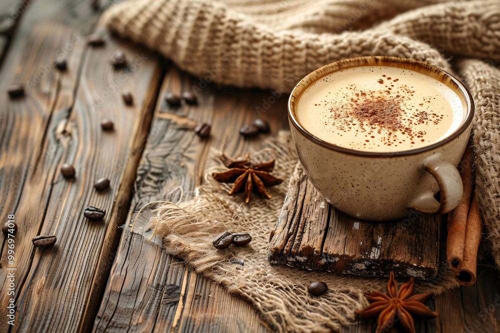 Cozy Latte Coffee in Rustic Setting with Spices on Wooden Background Cozy Latte Coffee in Rustic Setting with Spices on Wooden Background