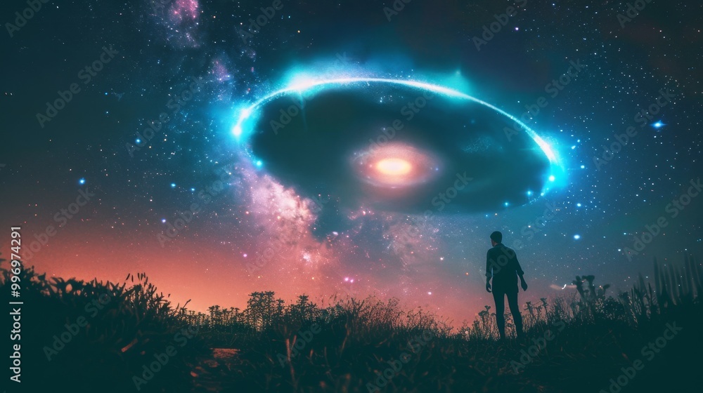 A lone figure stands in a field at night, gazing up at a glowing UFO in the sky,World UFO Day A lone figure stands in a field at night, gazing up at a glowing UFO in the sky,World UFO Day