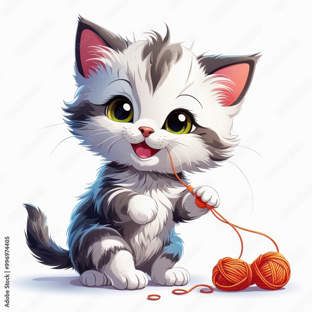 A cute cartoon kitten playing with orange yarn balls, showcasing a playful and joyful demeanor. A cute cartoon kitten playing with orange yarn balls, showcasing a playful and joyful demeanor.