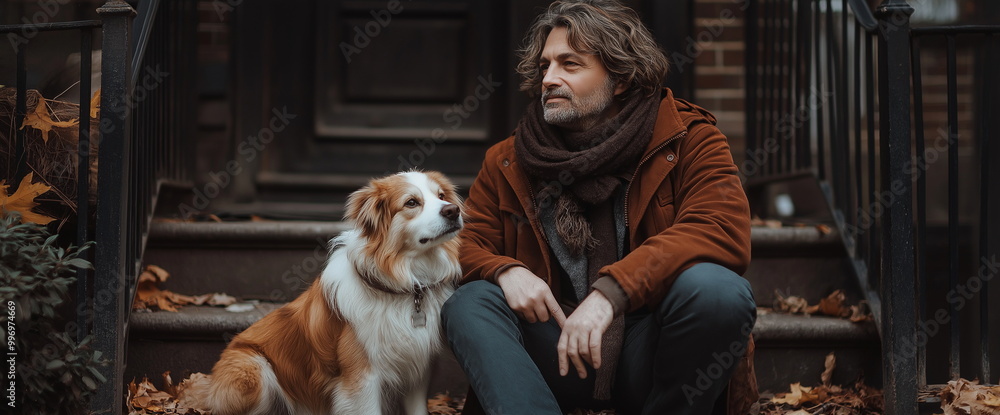 Middle-aged man and loyal dog sitting on autumn steps. Companionship and seasonal urban lifestyle for pet-owner relationship stories Middle-aged man and loyal dog sitting on autumn steps. Companionship and seasonal urban lifestyle for pet-owner relationship stories