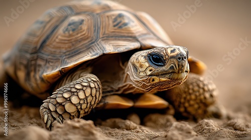 The close-up shot of a tortoise resting on sandy ground highlights the detailed patterns on its shell and the texture of its skin, enhancing the earthy tones of its natural habitat.