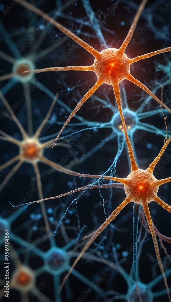 Neurons depicted in a medical-themed backdrop. Neurons depicted in a medical-themed backdrop.