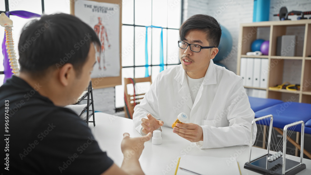 A male doctor consults with a male patient in a clinic discussing medication while holding a pill bottle. A male doctor consults with a male patient in a clinic discussing medication while holding a pill bottle.
