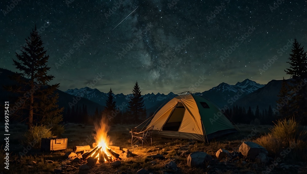 Night camping scene in the mountains with a campfire under a starry sky. Night camping scene in the mountains with a campfire under a starry sky.