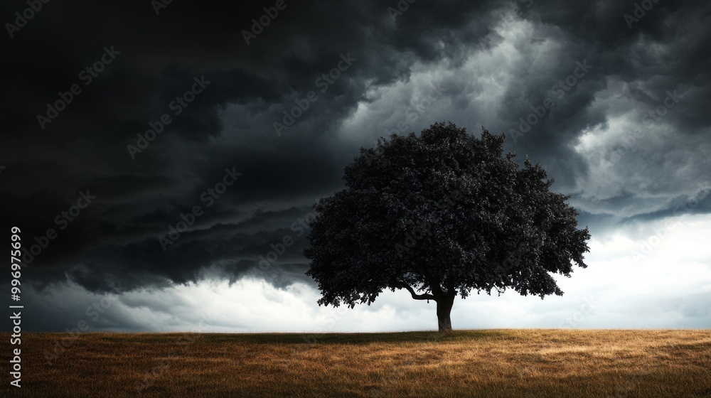 Obraz premium A stark, black tree stands out against a stormy sky, with dark clouds hanging overhead.