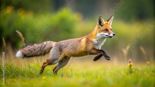 the fox in the meadow runs quickly on the grass photo