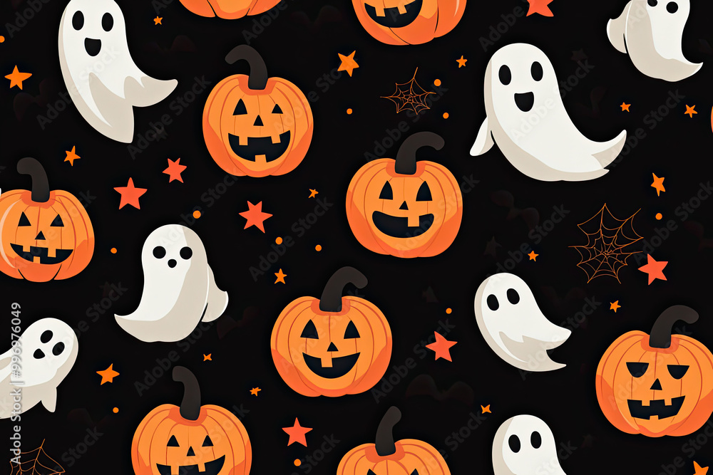 A seamless Halloween pattern featuring cheerful pumpkins, playful ghosts, and orange stars set against a black background. A seamless Halloween pattern featuring cheerful pumpkins, playful ghosts, and orange stars set against a black background.