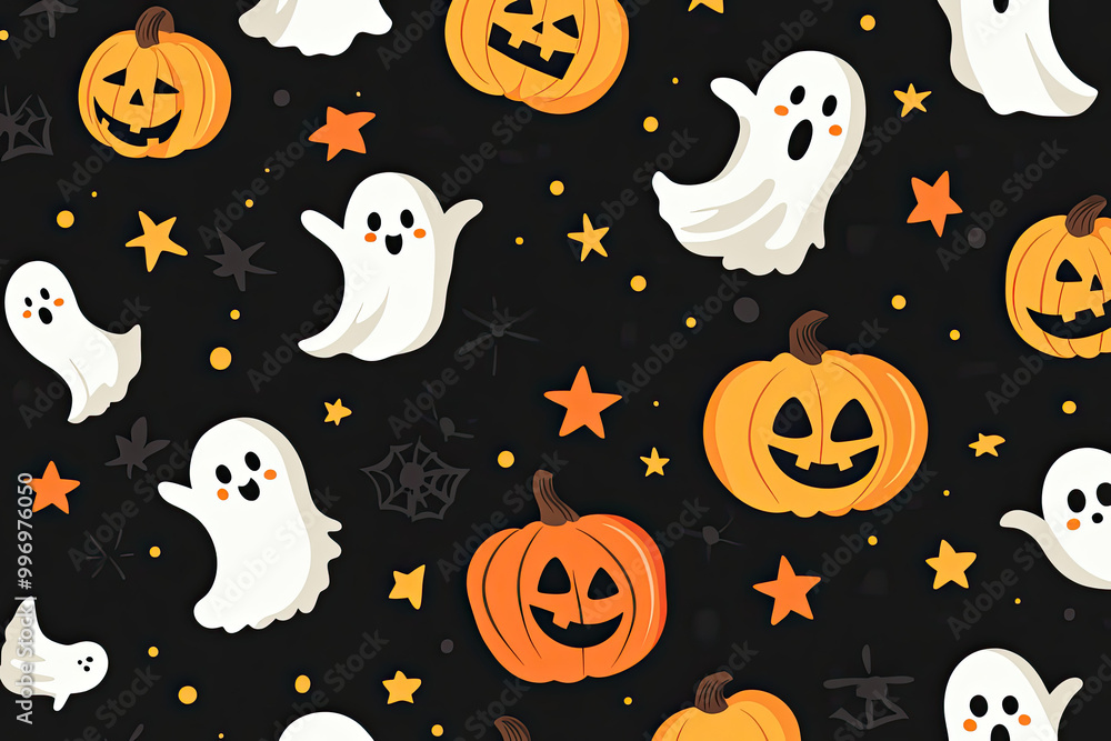 A seamless Halloween pattern featuring cheerful pumpkins, playful ghosts, and orange stars set against a black background. A seamless Halloween pattern featuring cheerful pumpkins, playful ghosts, and orange stars set against a black background.