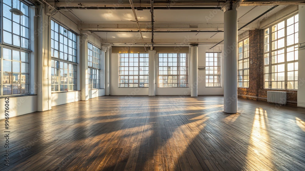 An industrial loft conversion with an open floor plan, wooden floors, high ceilings, and large factory-style windows An industrial loft conversion with an open floor plan, wooden floors, high ceilings, and large factory-style windows