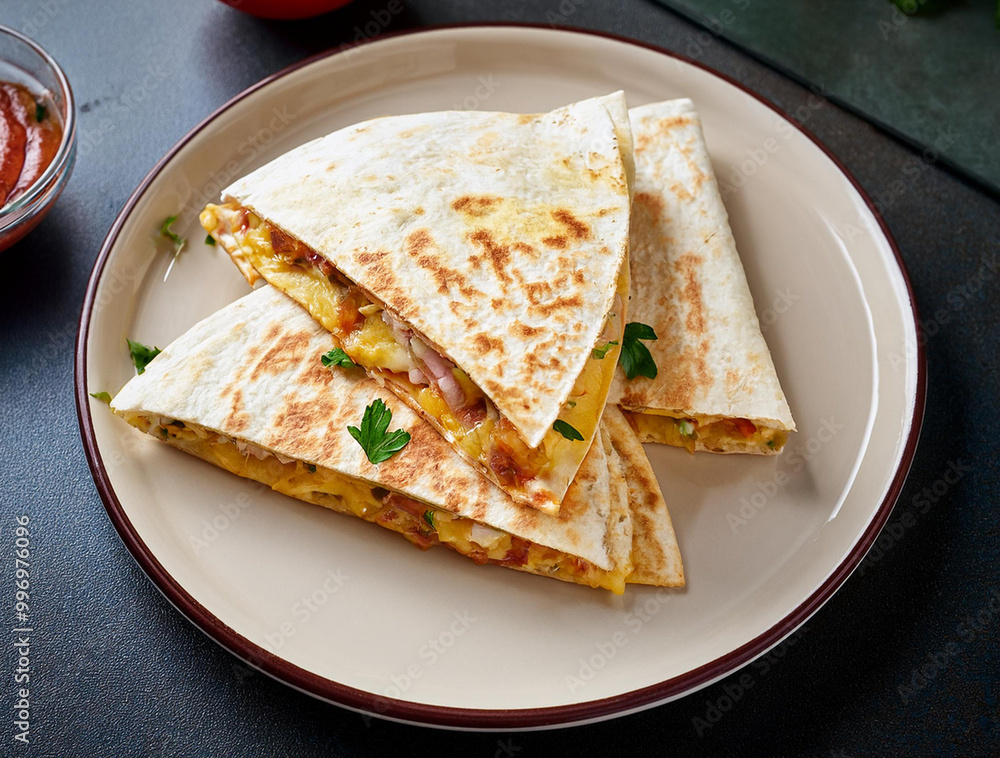 Quesadillas on a large plate. Quesadillas on a large plate.