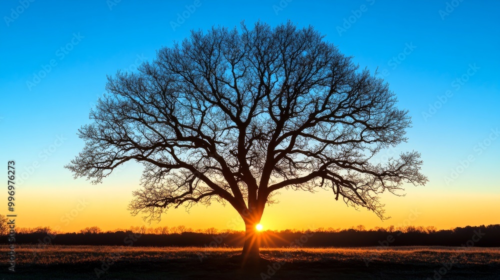 A tree silhouetted against a blue sky at dawn, with the sun rising behind it. A tree silhouetted against a blue sky at dawn, with the sun rising behind it.