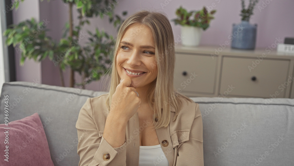 A young attractive blonde woman sitting indoors in a cozy living room, smiling thoughtfully in a home interior setting. A young attractive blonde woman sitting indoors in a cozy living room, smiling thoughtfully in a home interior setting.