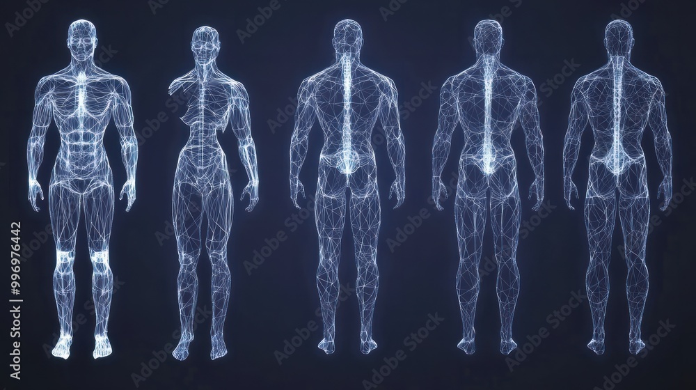 An entire set of polygonal wireframe blueprints showing the human body in 3D. An entire set of polygonal wireframe blueprints showing the human body in 3D.