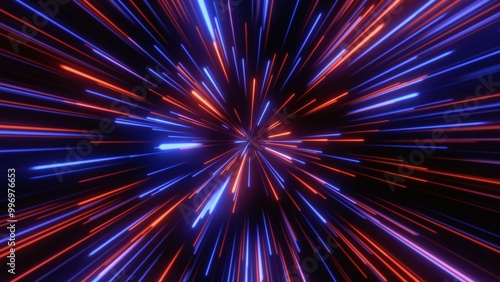 Neon speed rays abstract background. A burst of pink light energy. The movement of luminous purple rays in space. 