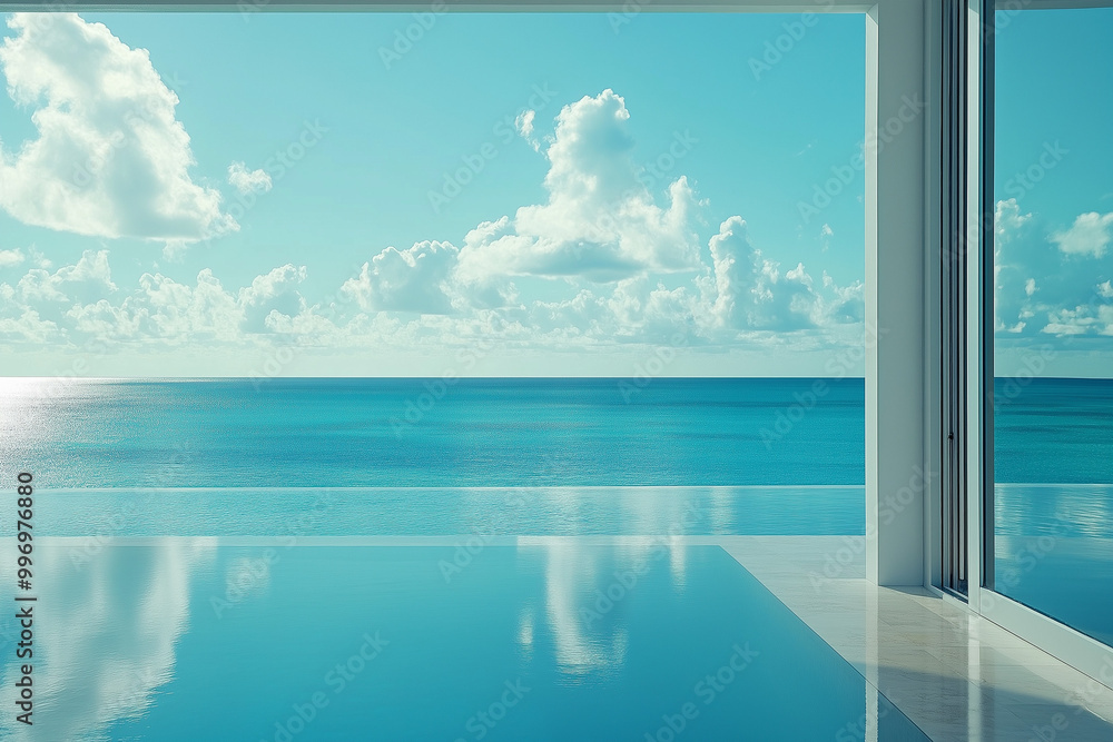 Fototapeta premium Chic Aluminum Door Revealing a Panoramic Ocean View with Calm Waters, an Invitation to Serenity