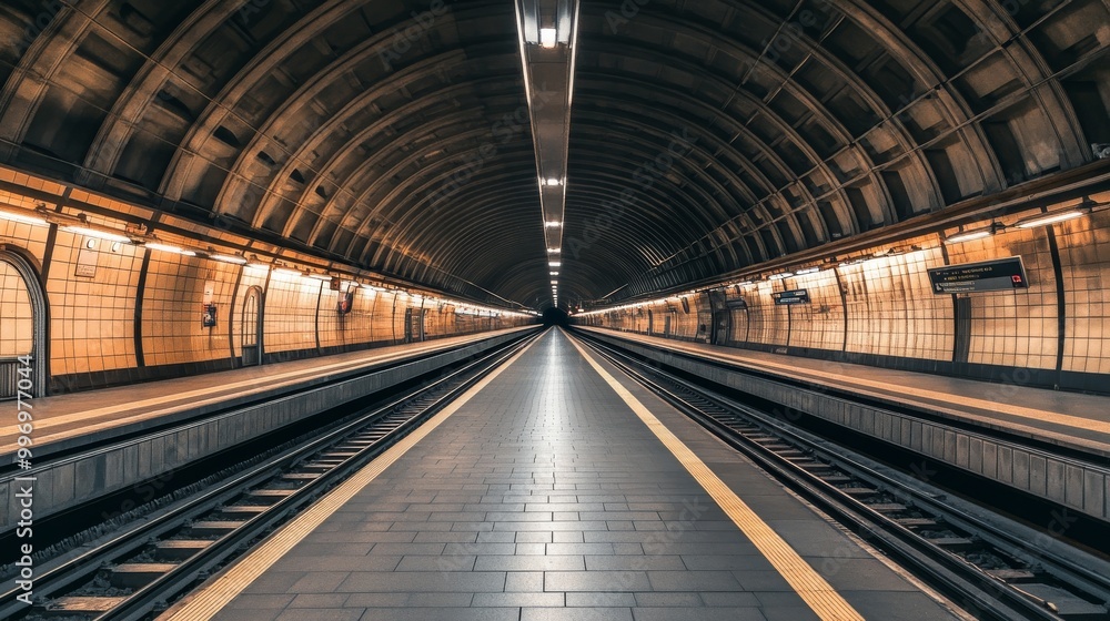 A wide view of a European subway station, showing the tracks and platforms extending into the distance. A wide view of a European subway station, showing the tracks and platforms extending into the distance.