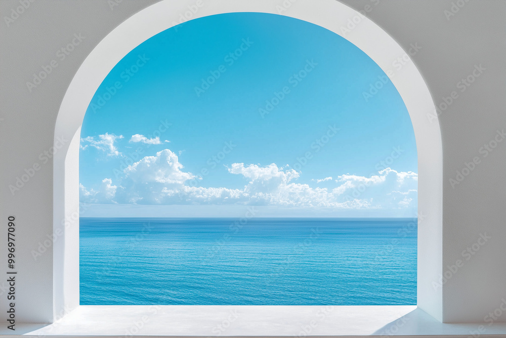 Luxurious Villa Window Framing a Bright Blue Ocean View, an Inviting Escape to Paradise Luxurious Villa Window Framing a Bright Blue Ocean View, an Inviting Escape to Paradise