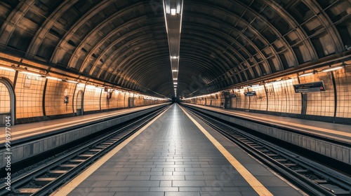 A wide view of a European subway station, showing the tracks and platforms extending into the distance.
