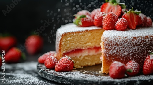 A close-up of a delightful strawberry cake topped with fresh strawberries and a generous dusting of powdered sugar, placed on a rustic black tray, ready for serving.