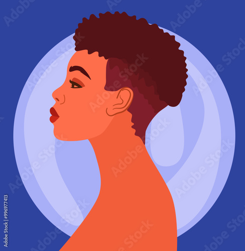 Profile portrait of beautiful African woman with short hair. Side view avatar of ethnic female. 