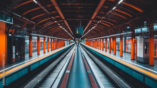 A wide view of a European subway station, showing the tracks and platforms extending into the distance.