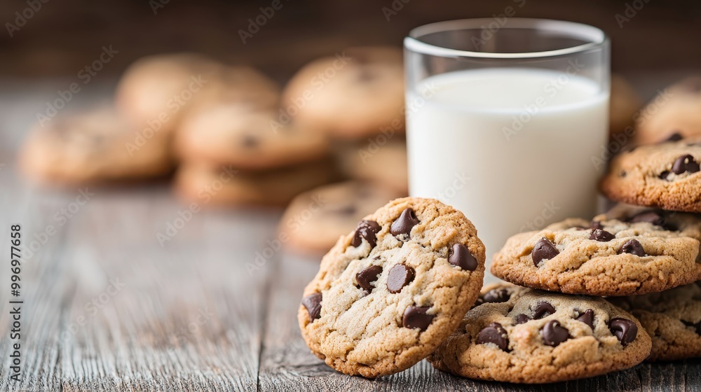 A wonderfully close-up photograph featuring homemade chocolate chip cookies placed together in front, with a refreshing glass of milk, set on a charming rustic table. A wonderfully close-up photograph featuring homemade chocolate chip cookies placed together in front, with a refreshing glass of milk, set on a charming rustic table.