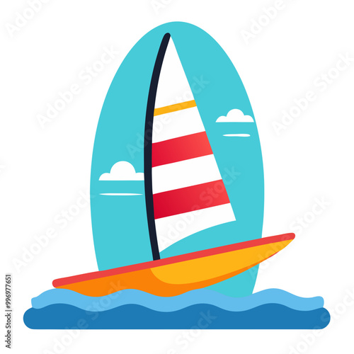 orange sailboard with red and white sails, gliding across calm waters on sunny day
