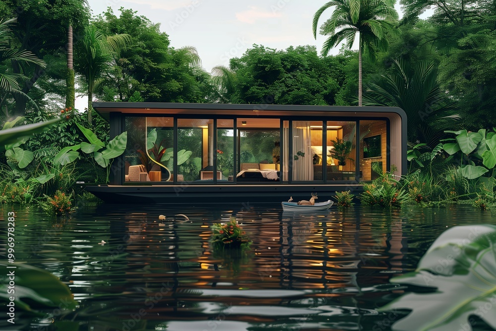 A tiny houseboat floating on a calm river, with a cozy interior visible through the large windows. The houseboat is surrounded by lush vegetation and wildlife. A tiny houseboat floating on a calm river, with a cozy interior visible through the large windows. The houseboat is surrounded by lush vegetation and wildlife.