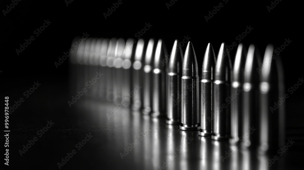 Bullets lined up against a dark backdrop. Bullets lined up against a dark backdrop.
