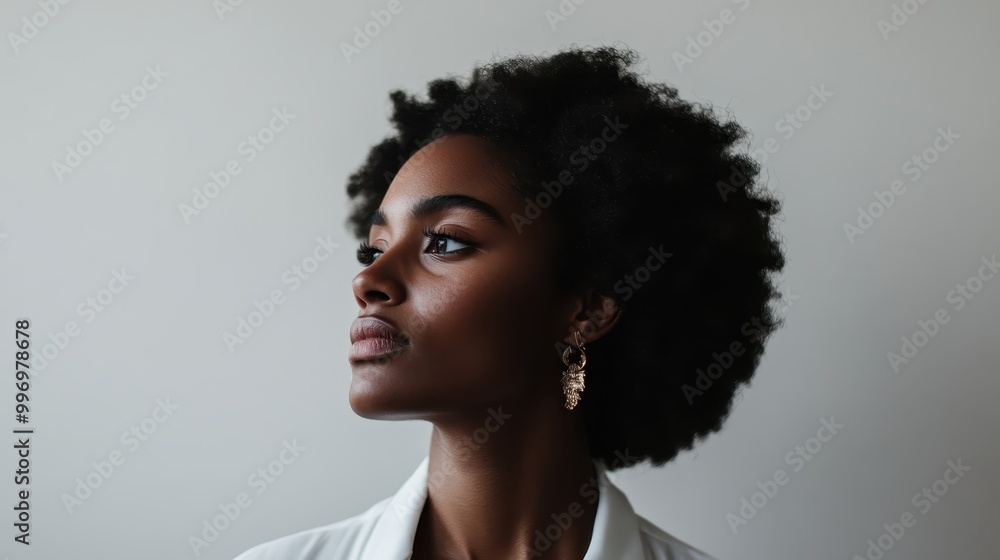 A striking image featuring a woman with an afro hairstyle, adorned in a white collared shirt and statement earrings, set against a neutral background, focusing on style and simplicity. A striking image featuring a woman with an afro hairstyle, adorned in a white collared shirt and statement earrings, set against a neutral background, focusing on style and simplicity.
