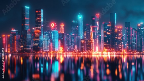 A vibrant city skyline illuminated at night with colorful reflections in the water.