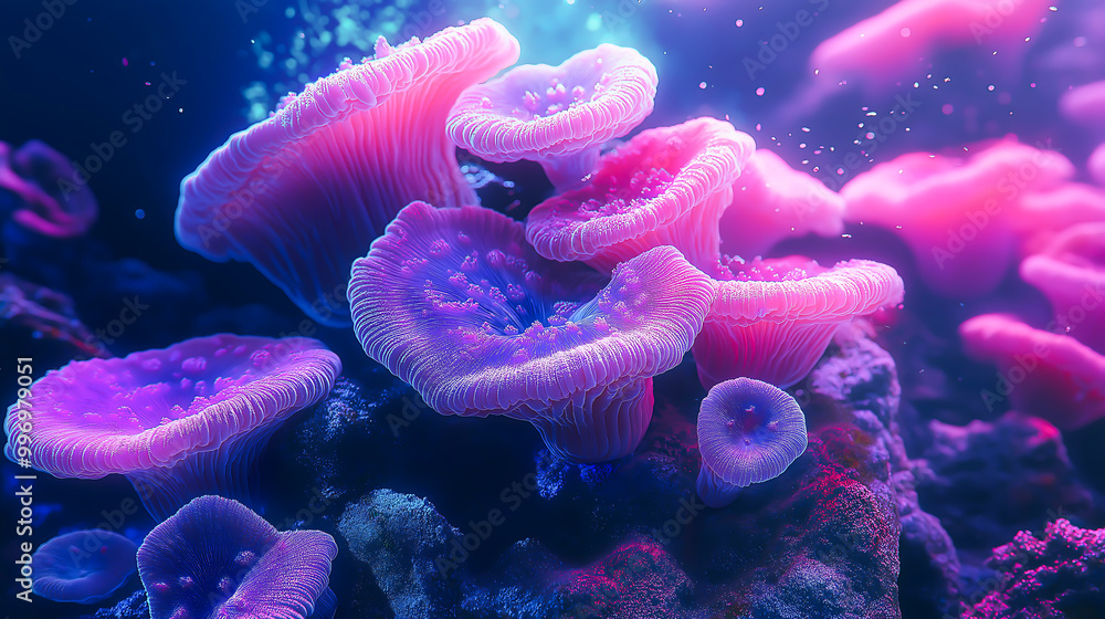 Naklejka premium Subaqueous vibrant coral formation with neon light, Underwater , Marine biology and oceanic beauty concept