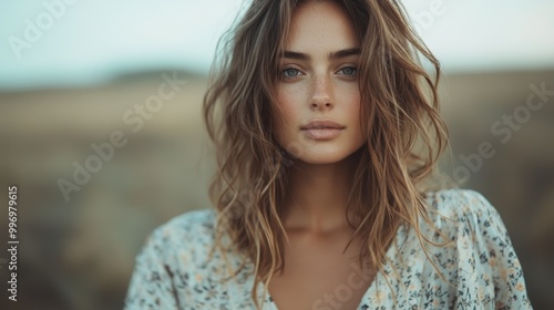 A woman with wavy hair gazes intently, with a relaxed demeanor, against a blurred outdoor background, conveying simplicity and connection with nature. photo