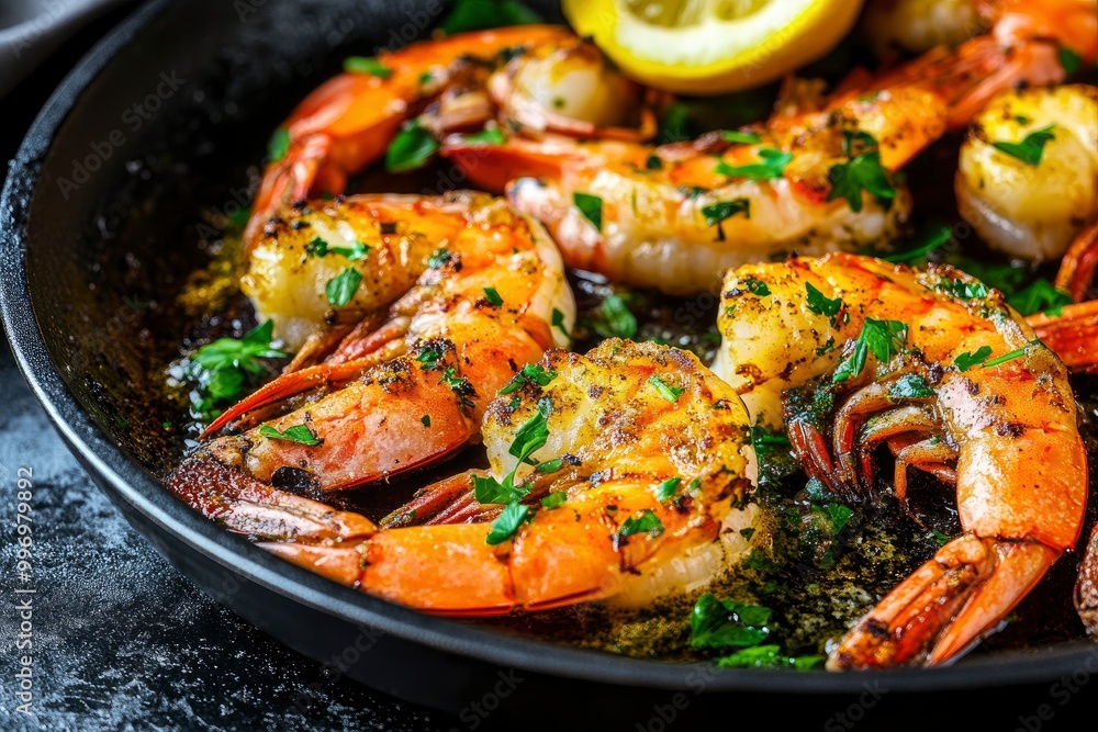 Grilled large shrimps (tiger) cooked in a frying pan with spices, herbs and lemon on a dark background - generative ai Grilled large shrimps (tiger) cooked in a frying pan with spices, herbs and lemon on a dark background - generative ai