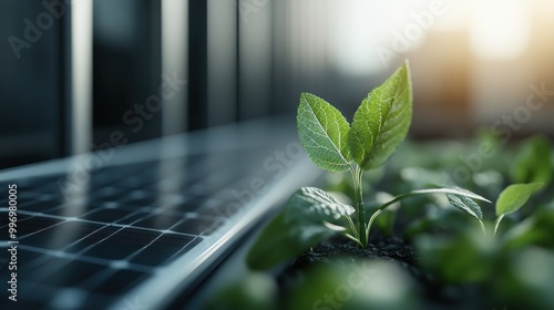 An expressive photograph depicting small seedlings sprouting next to solar panels in an urban setting, symbolizing growth, renewal, and sustainable city living. photo