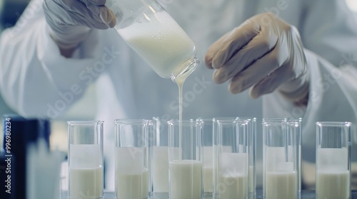 close-up shot of a food scientist pouring alternative milk into test tubes, with visible labels for different types, showcasing the meticulous process of quality control and testin photo