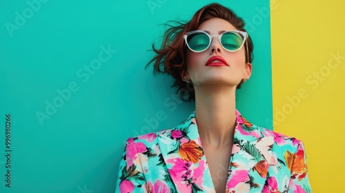 An elegant woman in a striking floral jacket and cat-eye glasses stands against a vibrant backdrop, exuding vintage flair and confidence. photo